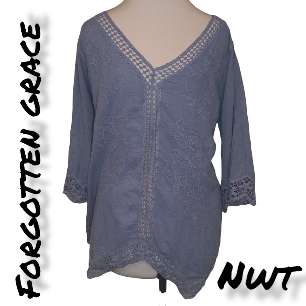 NWOT Forgotten Grace Blue V Neck Floral Embroidered Top